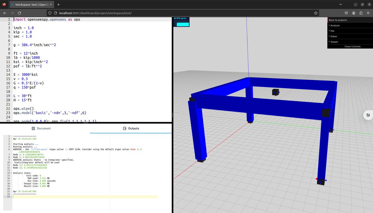 OpenSeesCloud's tweet photo. Here's a screenshot of our latest OpenSees Cloud workspace. Input, documentation, output, and model viewer in one browser window! #OpenSees #OpenSeesCloud https://t.co/4uRoJ3sBPE