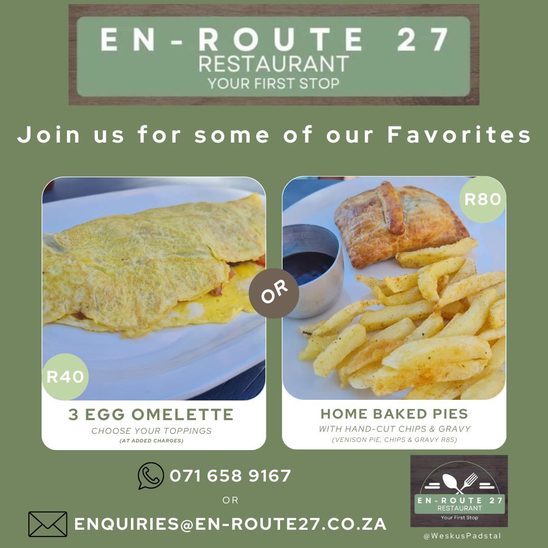 Enroute27's tweet photo. Pop in at En-Route27 Restaurant by Weskus Padstal and enjoy some of our favourites, 3Egg Omelette (Choose your toppings) or Our famous Home a baked Pies with Hand-cut Chips and Gravy.

#enroute27 #wekuspadstal #goodfood #weskus #R27 https://t.co/TcVrsTLajr