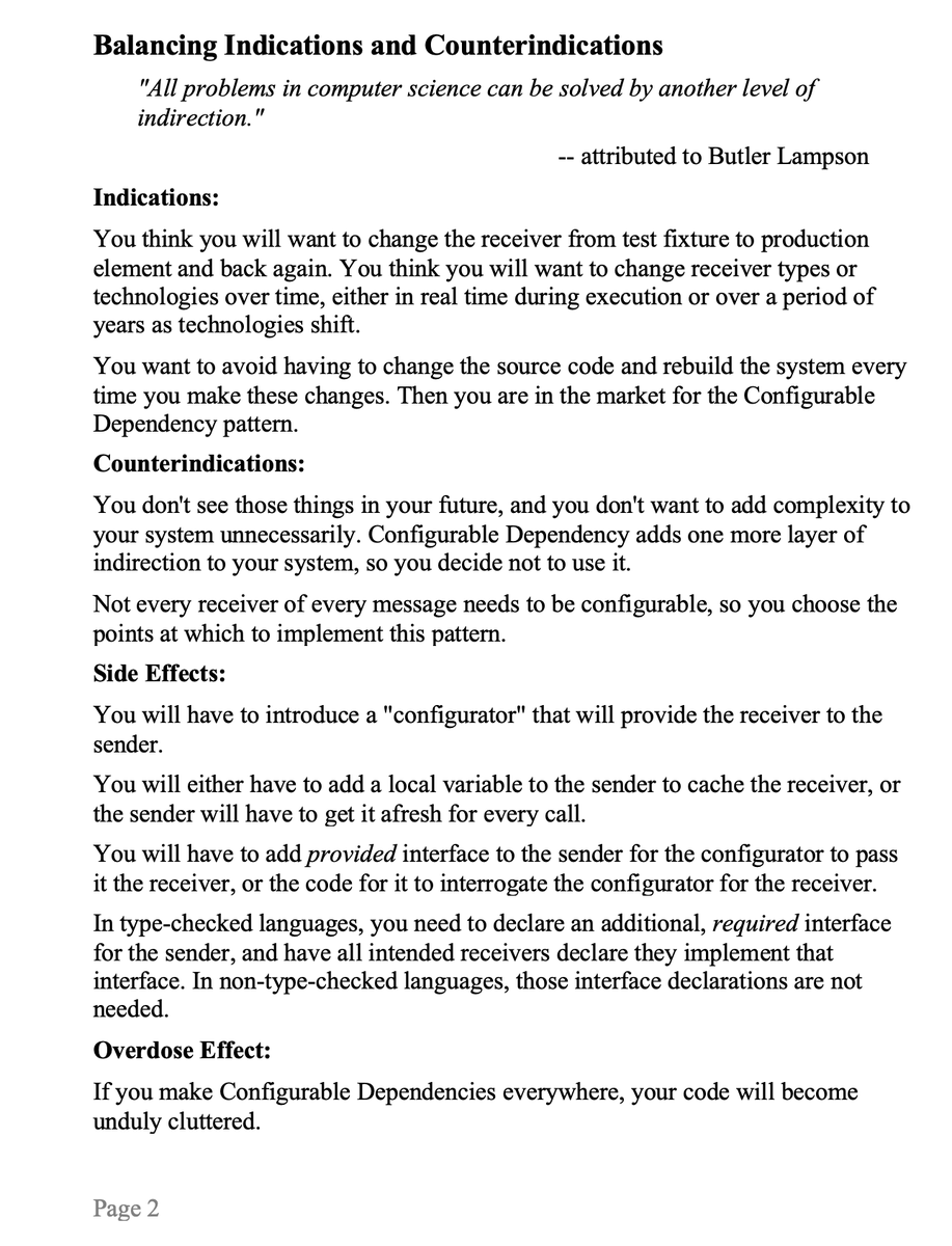 TotherAlistair's tweet image. thanks to @jcoplien , i'm dragging out my old patterns template I haven't used in ages. Loving the indications/ counterindications/ side effects/ overdose effects. 
#truthinadvertising
I wish all patterns writers would do this.