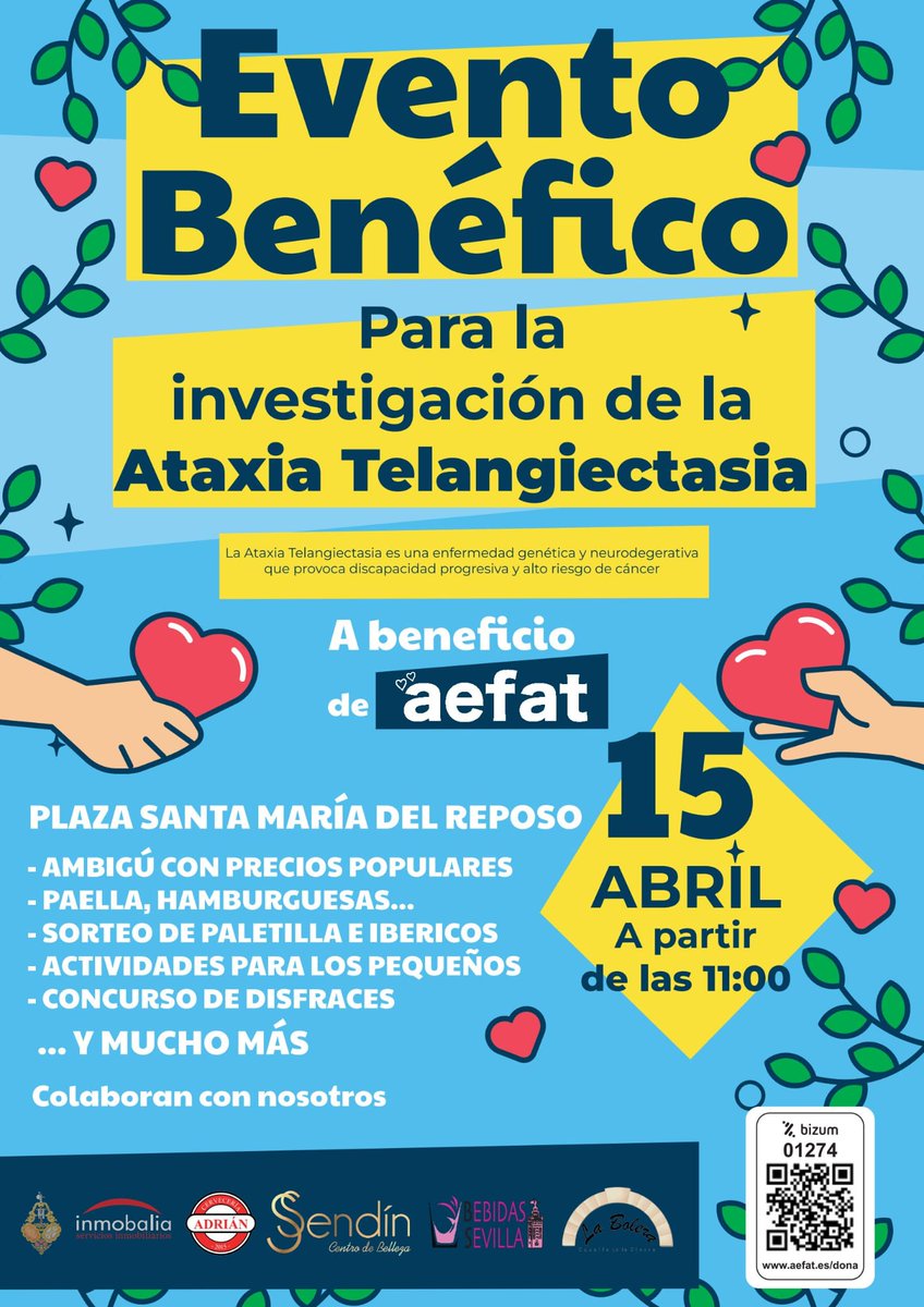 🎉Si estás en Sevilla este sábado 15 de abril, ¡te esperamos!❤️ Plaza de Santa María del Reposo, desde las 11 h. Evento solidario por la investigación de la ataxia telangiectasia.

+ INFO aefat.es/index.php/noti…

🙏¿Nos ayudas en la difusión?

#SEVILLA #EERR