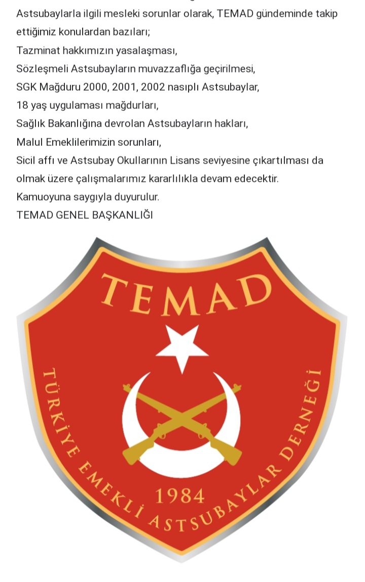 #GüçlüTemadGüçlüAstsubay
Astsubaylar Haklarını İstiyor
TEMADTEKYÜREK🇹🇷
<a href="/RTErdogan/">Recep Tayyip Erdoğan</a> <a href="/dbdevletbahceli/">Devlet Bahçeli</a> <a href="/kilicdarogluk/">Kemal Kılıçdaroğlu</a> <a href="/NureddinNebati/">Dr.Nureddin NEBATİ🇹🇷</a> <a href="/suleymansoylu/">Süleyman Soylu</a> <a href="/tcsavunma/">T.C. Millî Savunma Bakanlığı</a> <a href="/_hulusiakar/">Hulusi Akar 🇹🇷</a> <a href="/AhmetAYDIN_02/">Ahmet AYDIN</a> <a href="/HMBakanligi/">T.C. Hazine ve Maliye Bakanlığı</a> <a href="/meralaksener/">Meral Aksener</a>
<a href="/CHPMuratBakan/">Murat BAKAN</a> @DursunAtas38 
@yilmaz_ismet58
temad.org/basin-aciklama…