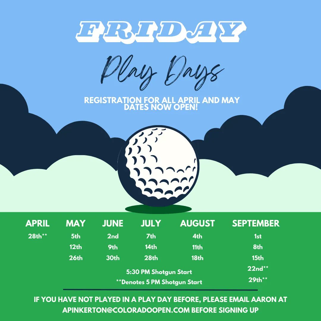 ⭐ SIGN UP NOW FOR FRIDAY PLAY DAYS! ⭐
First play day is April 28th, if your player has not participated in a play before, please email Aaron @ apinkerton@coloradoopen.com