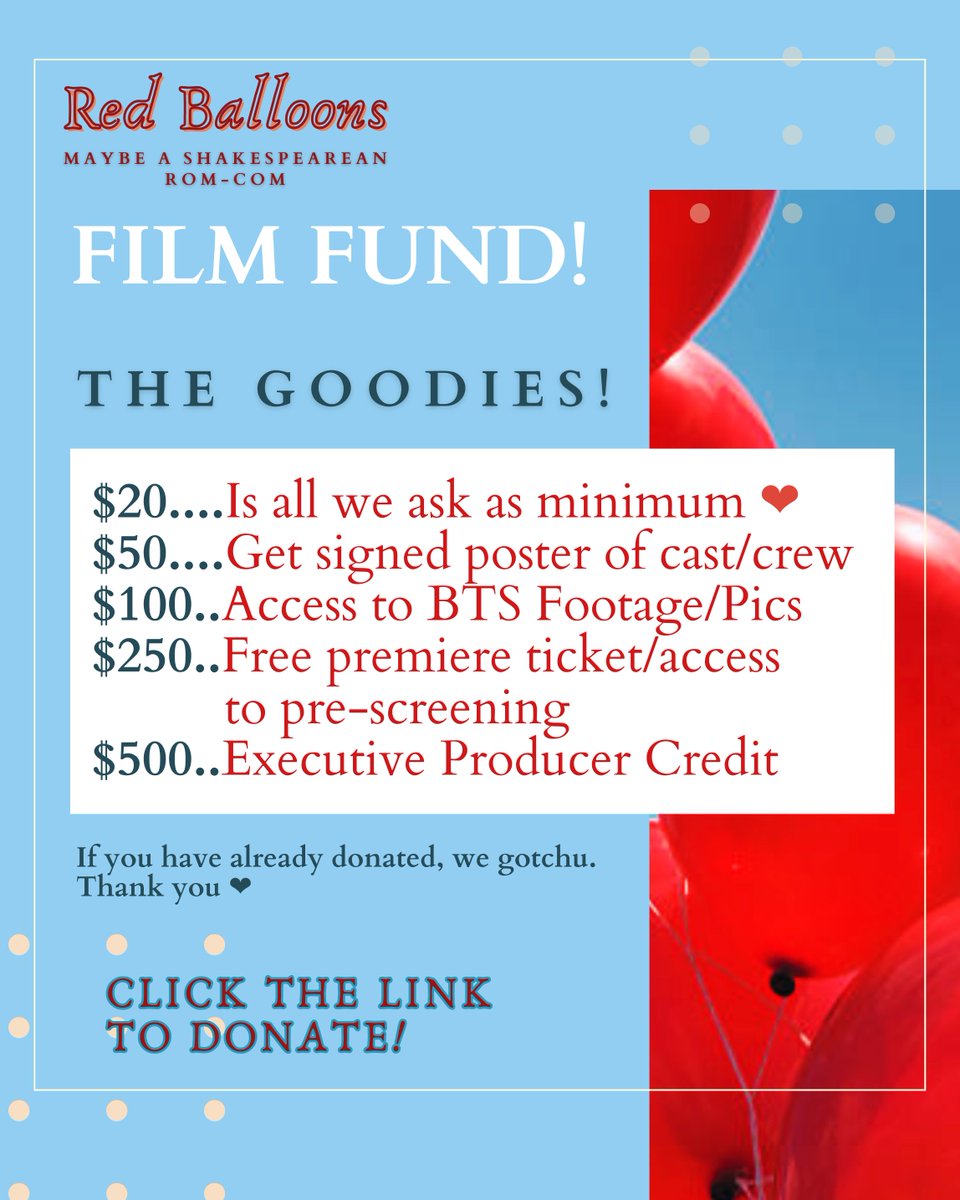 If you love movies and would love to support a quirky rom-com, modern Shakespearean one, click the link! We need all the support we can get this month!❤️ 
spot.fund/7QmZtwct 

#filmfund #spotfund #movie #indiefilm #romcom #fund #donate #support #give #executiveproducer #love