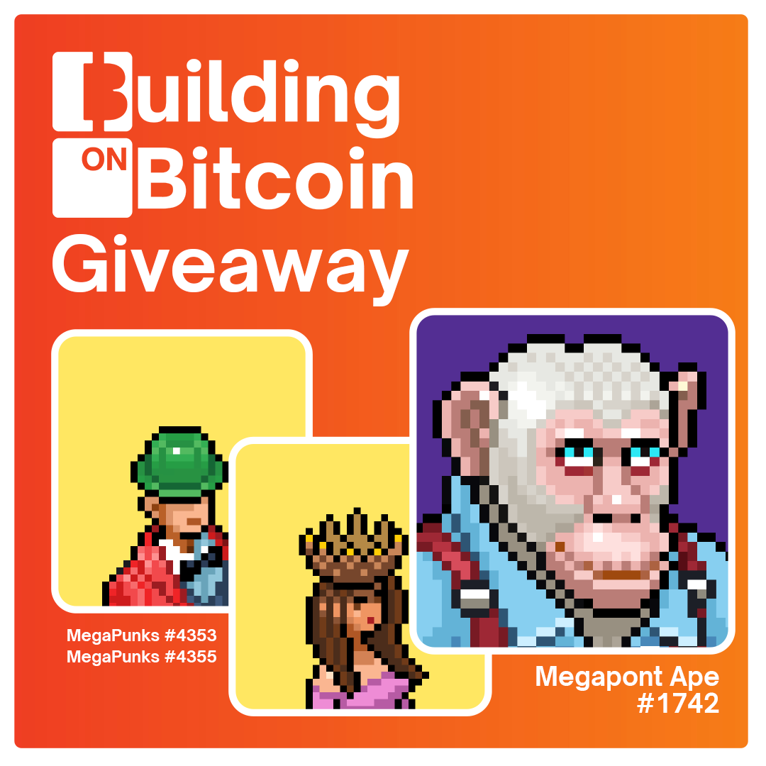 To celebrate #Stacks builders joining the Building on Bitcoin Virtual Summit, we're giving away two MegaPunk Ordinals &amp; one Megapont Ape from <a href="/MegapontNFT/">Megapont</a> 🧡 

Entry requirements for the raffle:
1️⃣ Like + RT
2️⃣ Register for the event (link in thread)