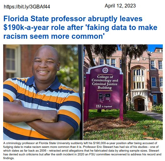 UltraDane's tweet photo. Why did this professor lie? What's his motivation?

Florida State University professor abruptly left his $190,000-a-year role after being accused of faking data to make racism seem more common that it is and having six of his research papers retracted.

https://t.co/1sEnIHq7K4 https://t.co/UKpFbZRE1N