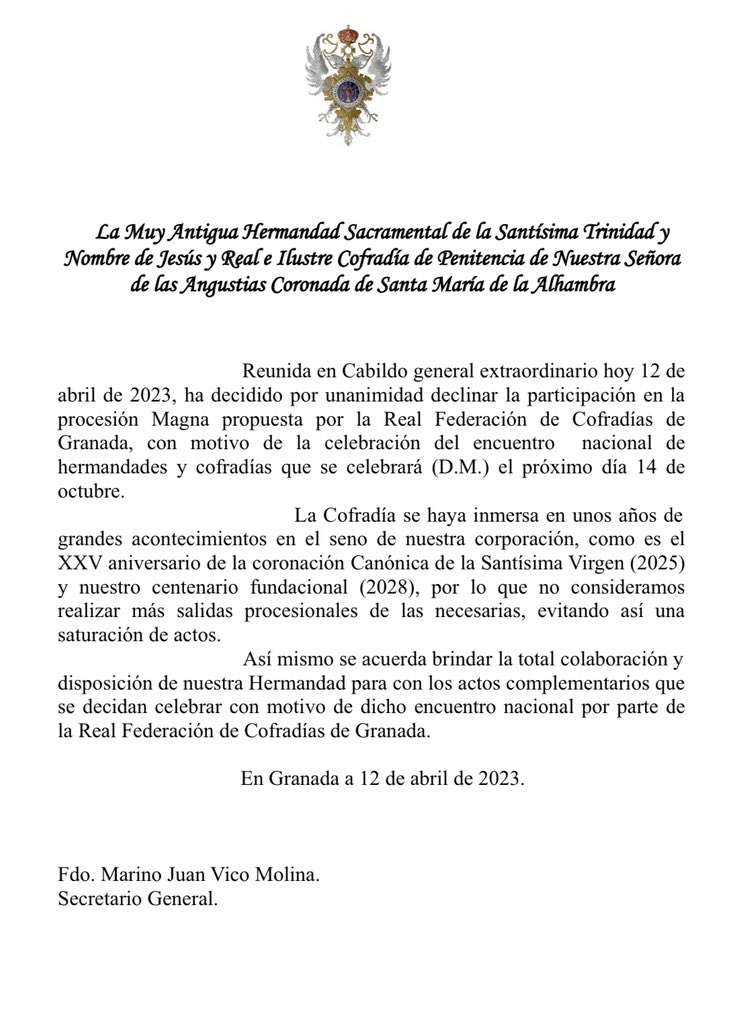 Hdad_Alhambra's tweet image. #COMUNICADOS | Comunicado Oficial con respecto a la Procesión Magna

Nuestra Hermandad en cabildo extraordinario ha decidido por unanimidad no participar en la procesión magna del próximo 14 de octubre.

#SomosAlhambra
#AngustiasAlhambra