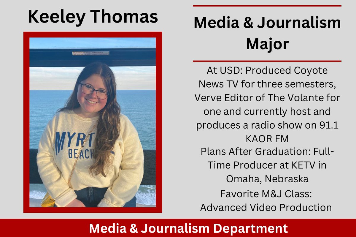 SodakMJ's tweet photo. We are bringing back our Student Spotlight with another Media & Journalism student. This time, it is Keeley Thomas! #USDMJ https://t.co/ShUYozD4lK