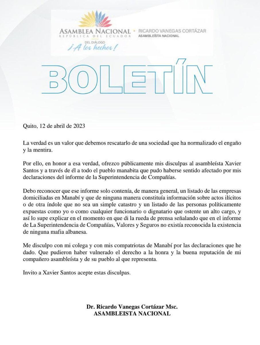 Ante declaraciones previas del Asambleísta Ricardo Vanegas donde denunciaba el buen nombre de familiares y amigos, hago públicas ante ustedes las siguientes disculpas mencionadas por él mismo.