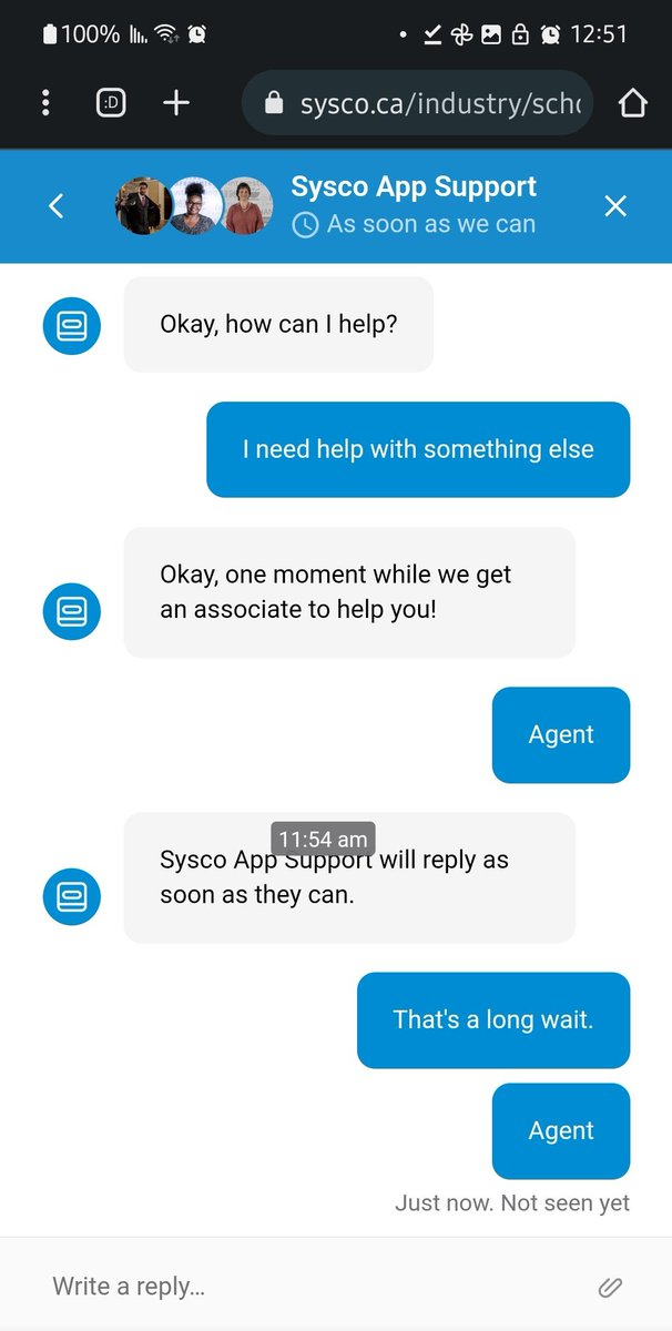 stormember_'s tweet photo. Hey @SyscoCanada, chat support is supposed to be quick.  Definitely  people shouldn't be left in that amounts to being "on hold" for over an hour with still no sign of a pending human reply.  Not impressed 👎👎 https://t.co/7IEL0cFHk0