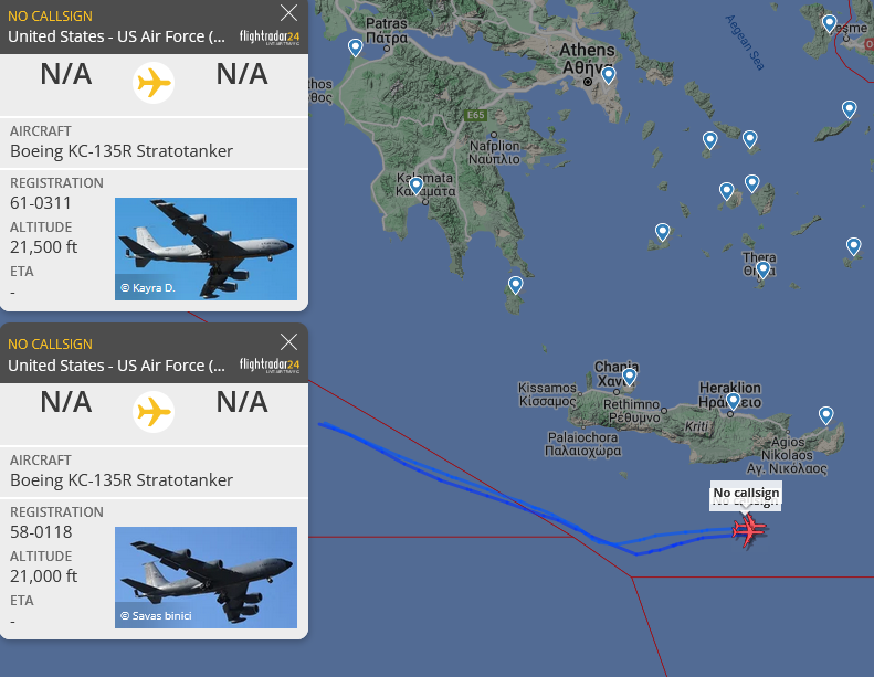 SirListenalot's tweet photo. #KC135's #AE04EB #AE07A3 as #RAKE71-72 on a round trip out of Souda Bay refuel #B1 #Bones #BUTCH11 flight near Crete https://t.co/zw79V8Eam4