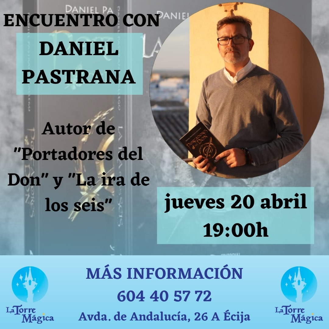 No os perdáis esta cita con <a href="/pasgalda/">Daniel Pastrana</a> autor de la Saga Portadores del Don

Nos hablará de su saga y de literatura fantástica en general

Además podréis haceros con vuestros ejemplares y os los llevaréis firmados por el autor

#latorremagica #portadoresdeldon #literaturafantastica
