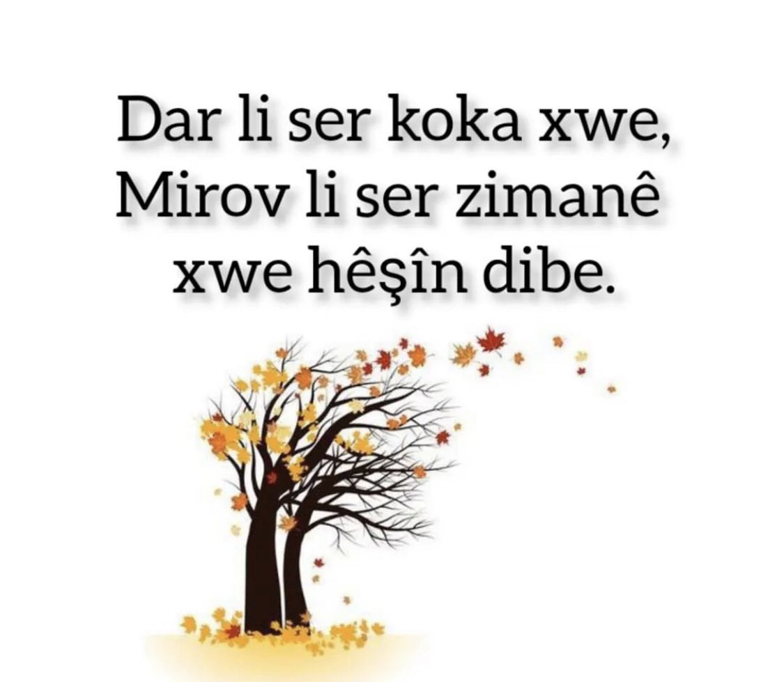 Geceye Not:

Ağaç kökü üzerinde yeşerir, insan diliyle büyür.

🔹Kürtçe ATASÖZÜ

“ Ağacın kökü çürük olursa bitmez. İnsanın dili bozuk oldu mu hem kendini ve hem de başkasını bozar ifsat eder. ”

#Güzel_Söz