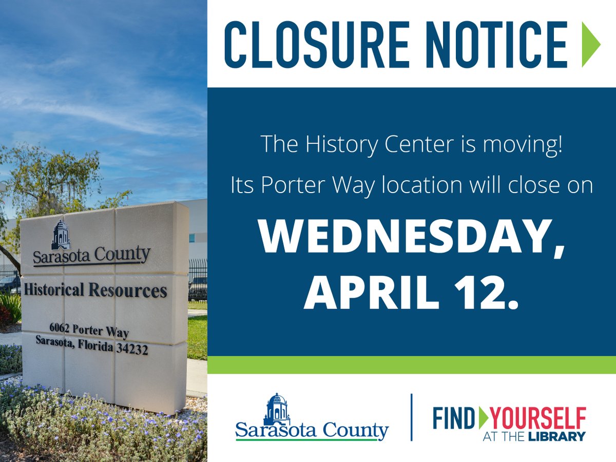 The History Center is moving! Its current location at 6062 Porter Way will close on Wednesday, April 12, and will reopen at the Osprey Library, located at 337 N Tamiami Trail in Osprey on Monday, May 1.
#srqcountyhistory #SRQCountyLibraries
scgov.net/library