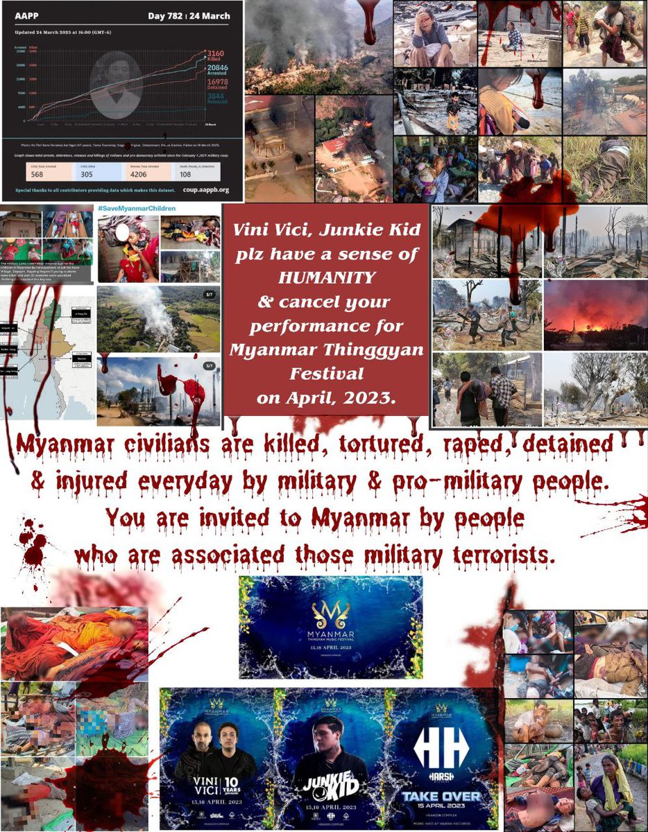 HaruNoKakumei's tweet photo. Tw // blood
While over 100 innocent civilians weere brutally assaulted by military airstrike on 11.4.2023, the associates with military &amp; their familes are planning to celebrate a new year festival with international DJ
Really disgusting to see this.(1/4)
List of heartless DJs ⬇️ https://t.co/dzvljzzEBS