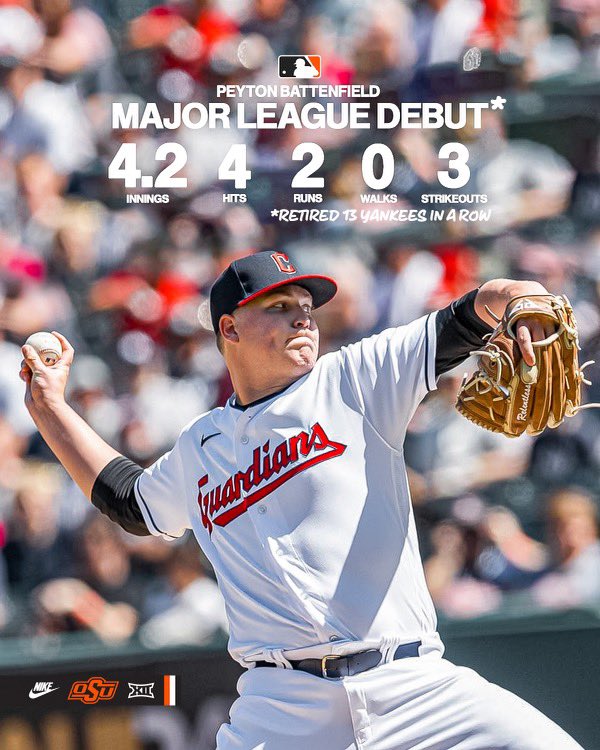 OSUBaseball's tweet image. Great day in Cleveland for @PBattenfield in his @MLB debut for the @CleGuardians 

#OurStandard #ProPokes