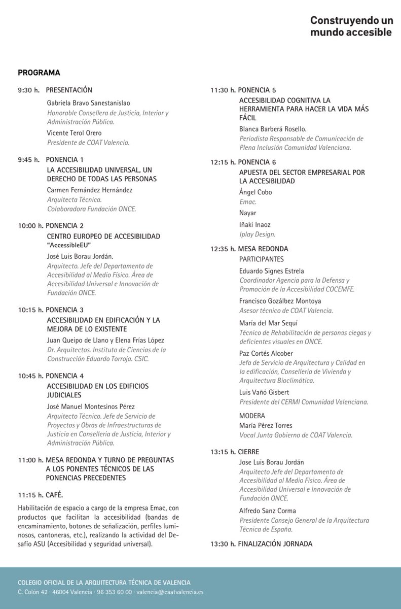 Construyendo un mundo accesible: jornada de sensibilización en #AccesibilidadUniversal 

caatvalencia.es/pdf/w-jorn-acc…

Organizan #CAATValencia #FundaciónACS <a href="/generalitat/">Generalitat</a> <a href="/Fundacion_ONCE/">Fundación ONCE</a> 
Con <a href="/gabrielabravo_s/">Gabriela Bravo</a> <a href="/jqueipoll/">Juan Queipo de Llano</a> <a href="/LnaFrias/">Elena Frias</a> <a href="/paz_cor_al/">Paz Cortés Alcober</a> <a href="/EduardoSignes/">Eduardo Signes</a> <a href="/COCEMFEnacional/">COCEMFE</a> 
<a href="/JlborauL/">José L borau</a>