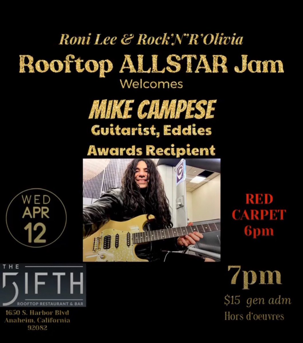 MikeCampese's tweet photo. If you are in Anaheim, CA for NAMM. Tonight I will be playing the All Star Jam at the Fifth Rooftop bar at 7pm. It is going to be really fun. See you there! #๐ธ #๐ถ #mikecampese #namm #allstarjam #anaheim https://t.co/DJ3vW29WDU