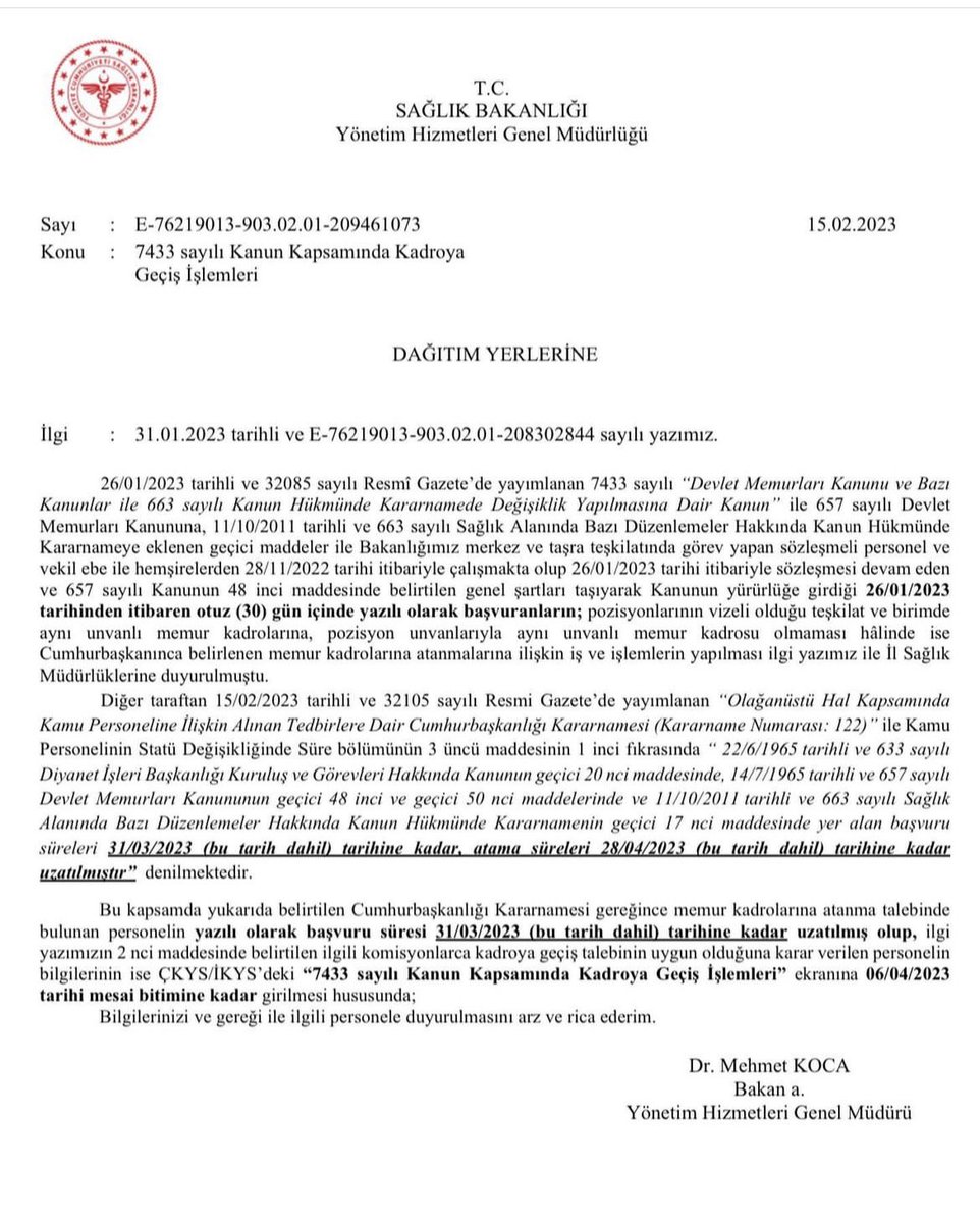 SN BAKANIM <a href="/drfahrettinkoca/">Dr. Fahrettin Koca</a>

ARTIK GEREĞİ YAPILSIN.

SÖZLEŞMELİDEN KADROYA GEÇİRİLECEK OLAN PERSONELLERİN ZAMAN KAYBI OLMADAN ATAMALARININ YAPILMASINI TALEP ETMEKTEYİZ.

#Snkocakadroyunutma