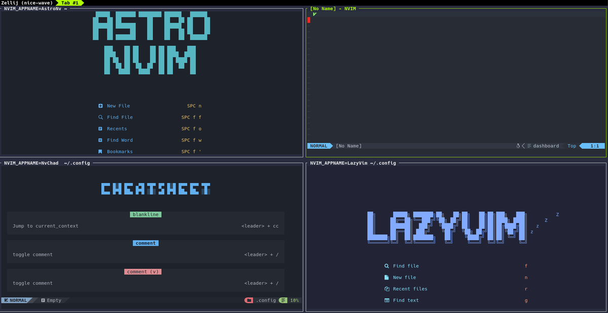 AstraKernel's tweet photo. ✨ NVIM_APPNAME feature in Nvim 0.90
You can run parallelly different config layers of Neovim easily
Eg:
`NVIM_APPNAME=NvChad nvim`
`NVIM_APPNAME=LazyVim nvim`
This will be useful especially when you trying different
#neovim #vim #astronvim #lazyvim #lunarvim #developers https://t.co/P90XFjLsrI