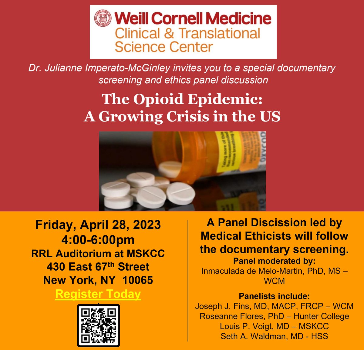 Join us @WCMC_CTSC for a special documentary screening and ethics panel discussion on the Opioid Crisis on Friday, April 28, 2023 at 4:00pm. Click to register: eventbrite.com/e/the-opioid-e… @WeillCornell #opioid #opioidcrisis