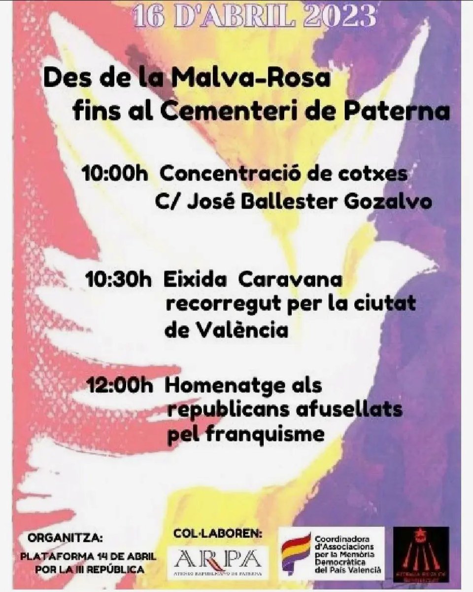 ALTER_FValencia's tweet photo. Convocatoria a #València el 16 abril.
Concentració , Caravana Republicana i homenatge 🔻✊💜
#RepublicaYa #ValoresRepublicanos #14deAbril2023
#republicanisme #republicanismo #memoriarepublica #memoriahistorica #memoriahistoricarepublicana #vlc #valencia https://t.co/VdpYrwHUAz