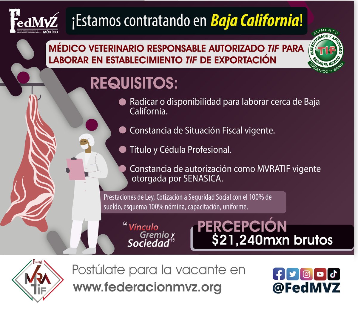 FedMVZ's tweet photo. ¡Tenemos vacantes!📣 #MVRATIF para laborar en Establecimiento #TIF de Exportación en Baja California.
Sí estás interesado/a en la vacante y cumples con el perfil, puedes postularte en: https://t.co/VxAEIjxv2R https://t.co/3505BpkmVv