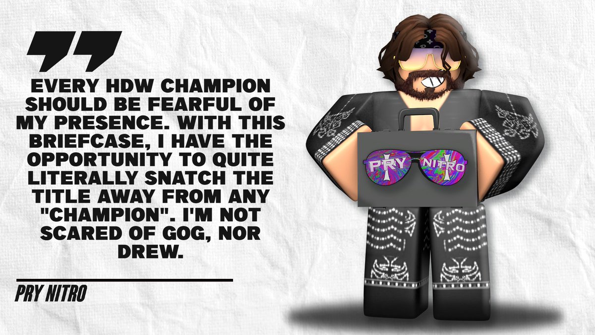 HDW_RBLX's tweet photo. Just earlier, we were able to catch an interview with the  current #RITB 💸 Briefcase Holder, #PryNitro and this is what he had to say on how he feels holding the briefcase.

Can Pry Nitro somehow cash in and win either World Title? https://t.co/2RNEC2R2eT