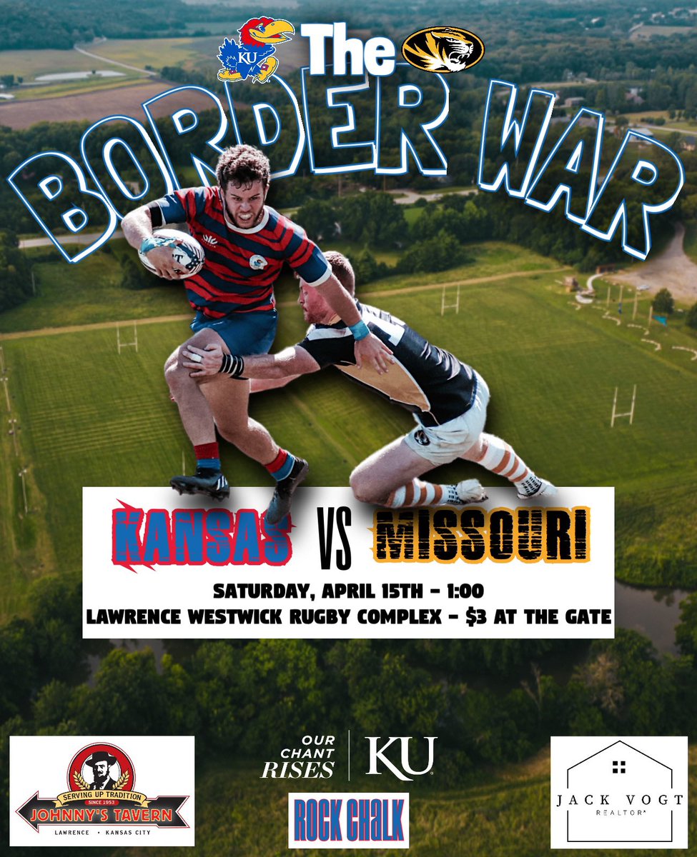 KansasRugby's tweet photo. How about a Border War match to close out another great season of Kansas Rugby at Westwick? The Missouri Tigers are in town and we’ve got some special things on tap for the day. See you all there! 
#ROCKCHALK #FAMILY https://t.co/5PRH3FTBlE