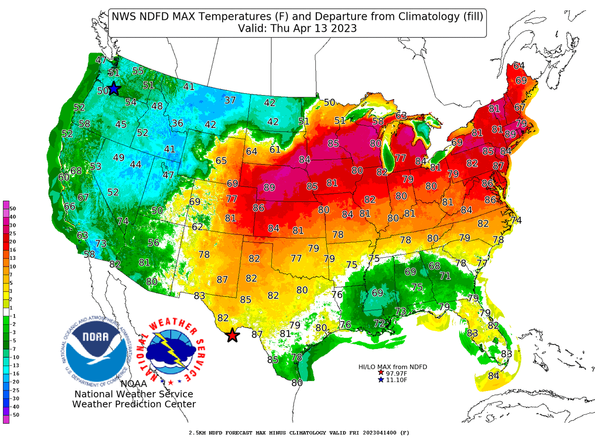 NWS's tweet photo. Record warmth will continue across much of the central and northern U.S. thorugh the end to the week.  While pleasant, it is also helping to create problematic fire weather conditions  due to the warmth, low humidty levels, and breezy conditions.

https://t.co/VyWINDkBnn https://t.co/F1rHQq65t8
