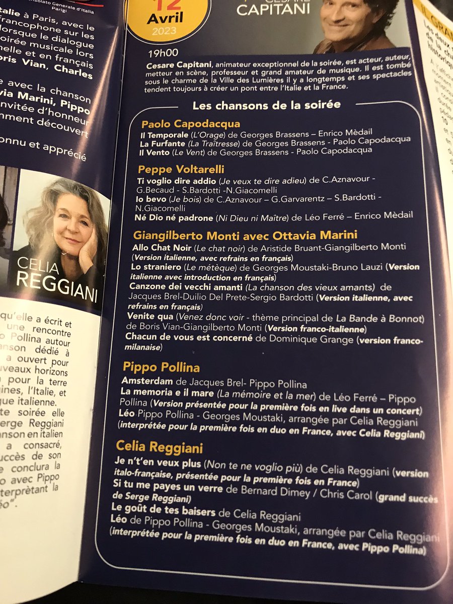 Belle soirée de la grande chanson française aux accents italiens.
Merci une nouvelle fois à Mme la Consule générale <a href="/ItalyinParis/">Italy in Paris</a> pour son hospitalité. Bravo aux professeurs de <a href="/ApirpParis/">Apirp</a> , à leur président <a href="/OMorin/">Morin Olivier</a> et à leurs élèves pour le travail en lien avec les cantautori.