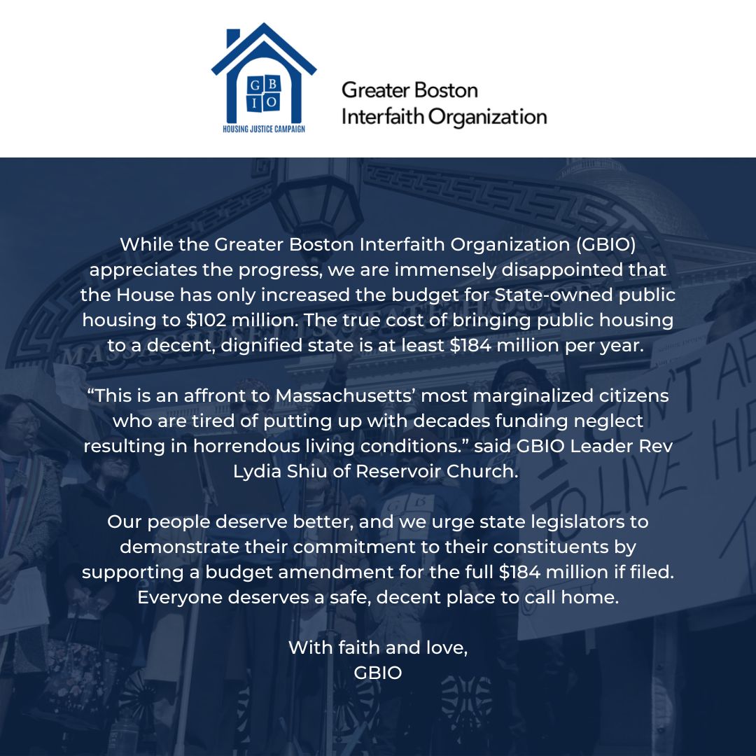 GBinterfaith's tweet photo. Our thoughts on today's State budget released.

We MUST continue pushing our legislators to allocate $184 million to public housing. Everyone deserves a safe, decent home. #mapoli https://t.co/KkkKCRWut4