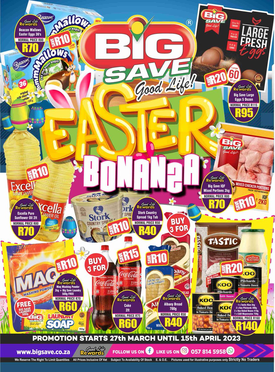 JEEMC3's tweet photo. Share Big Save Waltloo Easter Bonanza Special available until 15th April 2023
#BigSave #BigSaveWaltloo #BigSaveGroceryLiquor #JabusEvents #JEEMC3 #greatdeals #supermarket #Savings #savebig #EasterSpecial #easter #Easter2023 #Mamelodi #Nellmapius #eesterus #MamelodiWest https://t.co/kvSB2cdnQ3