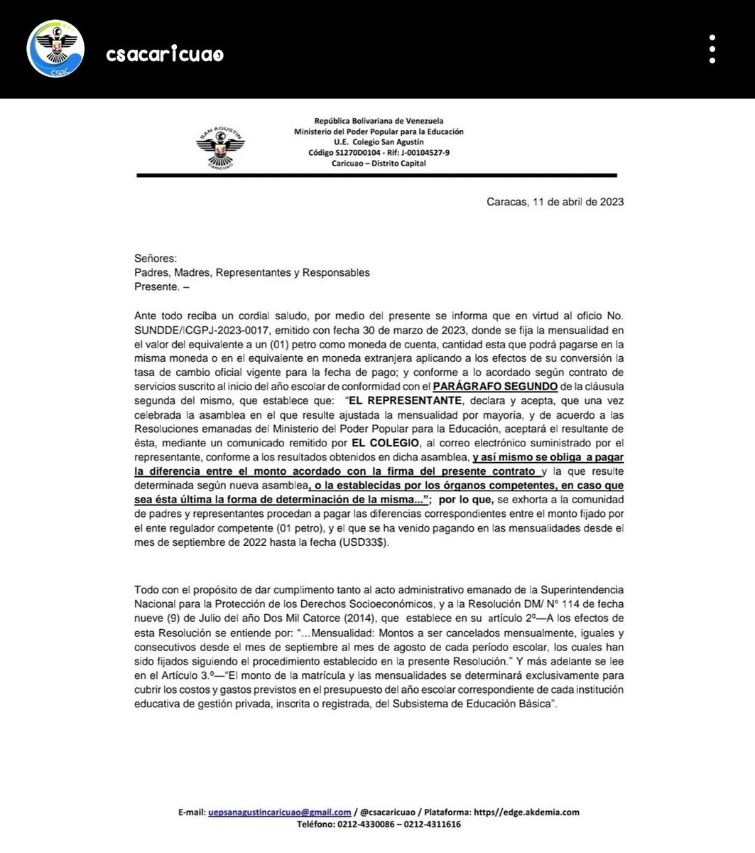 osgin10's tweet photo. TarekWiliamSaab, necesitamos una revisión en el Colegio San Agustín de caricuao, ya que realizan un aumento de 33$ a 1 petro y lo insólito es que nos exigen pagar retroactivo desde sept hasta ahora.
@yelitzePSUV_ @MPPEDUCACION @aporrea @RNVinformativa @Inforojita @PedroKonductaz https://t.co/kbU4xFvb33