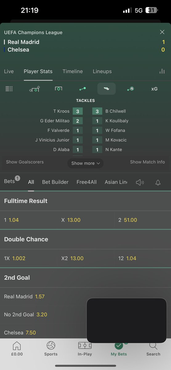 d_smokeee's tweet photo. @bet365 my bet isn’t complete but Chilwell has tackled 3 times? https://t.co/bj4cohQMrl