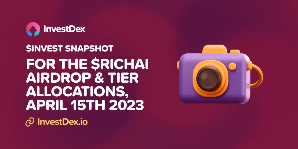 vybesfun's tweet photo. Just a quick reminder that the https://t.co/dVkDgB52CL snapshot will take place on April 15th. The minimum requirement for the $RICHAI airdrop is 10,000 $INVEST.
https://t.co/KiD4AhRa7A https://t.co/ovt8bykZWo