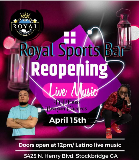 RoyalSportsBar_'s tweet photo. Come to enjoy our reopening date on April 15th.
With latin live music, our good Hispanic food, drinks, big screen TVs and more
¡Vamos a Bailar! 💃 🕺
-
-
#royalsportsbarga #stockbridgega #henrycountyga #latindance, #April15th, #dancing, #latinmusic,#Apri https://t.co/m7pZumni2V