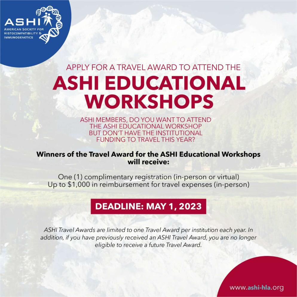 ASHIHQ's tweet photo. 📣 Take your skills to the next level when you attend the ASHI Educational Workshops! ASHI members can apply for a ✈️ Travel Award by May 1st. Click here https://t.co/lnw3jFvzMF. #AEW2023 #EpitopeMatching #EpletMatching #LiverTransplantation https://t.co/6o2ug00ari
