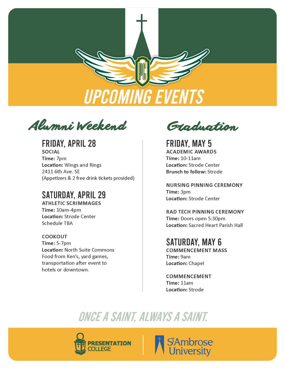 Upcoming Events at Presentation College!
RSVP for Alumni Weekend: presentation.edu/alumniweekend
