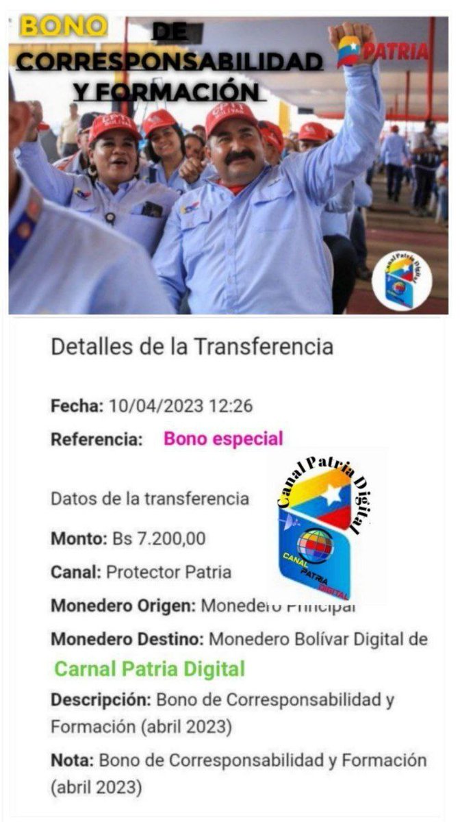 📢 ENTÉRATE

💳 Desde el lunes 10 de abril comenzó la entrega del Bono de Corresponsabilidad y Formación, (abril 2023) enviado por nuestro Pdte. <a href="/NicolasMaduro/">Nicolás Maduro</a> a través del Sistema del <a href="/CarnetDLaPatria/">Carnet de la patria</a>.

✅ Monto: 7.200,00 Bs.

#TibisayGuerreraDeLuz
