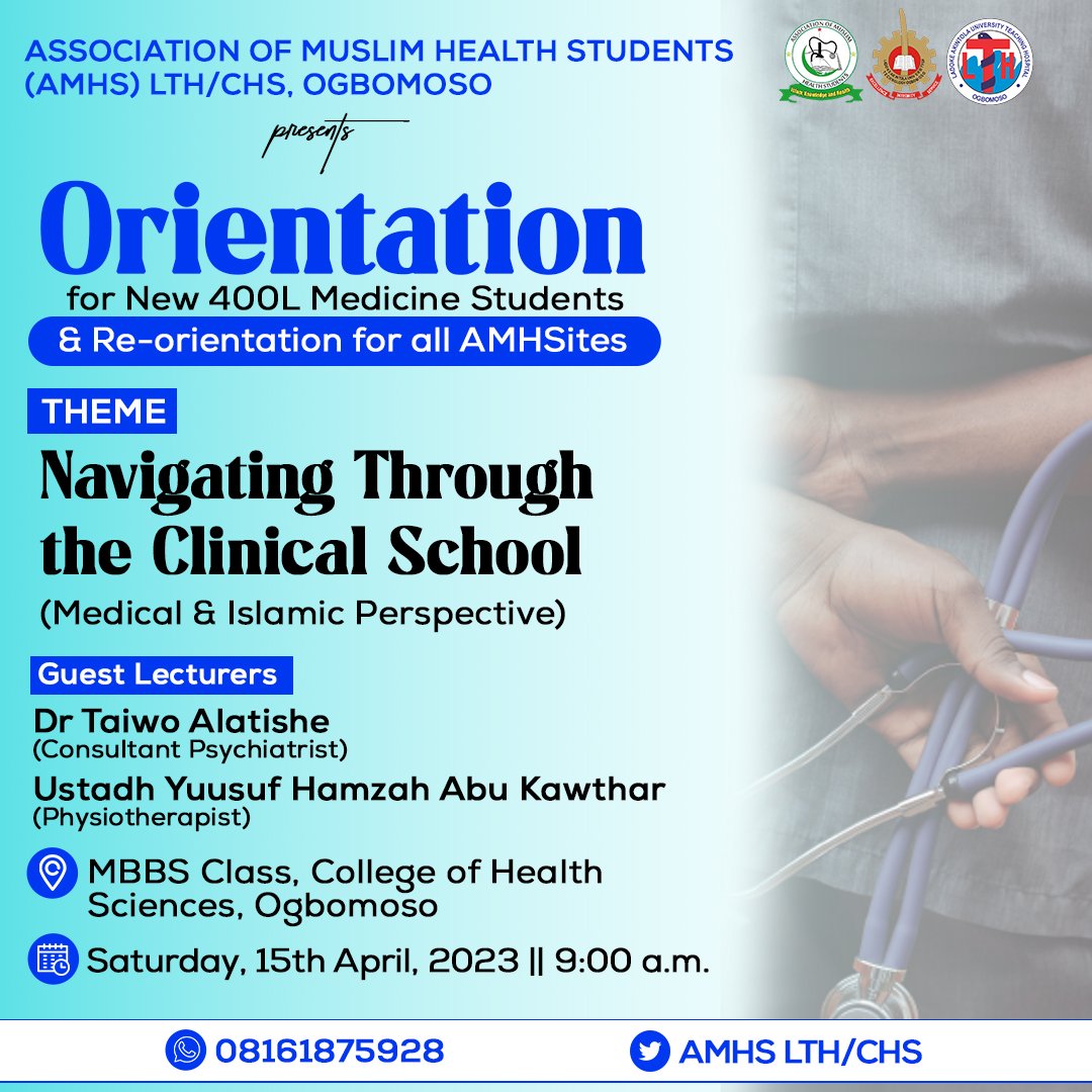 AzeezMuhammedO2's tweet photo. Orientation! Orientation! Orientation!

Assalaamu alaykum warahmatullahi wabarakaatuh ✨
Respected brothers and sisters💓, it's another amazing orientation programme for our brethren who are now in 400 level, MBBS, and as such a reorientation for all AMHS members. https://t.co/w0CSrLFUkk