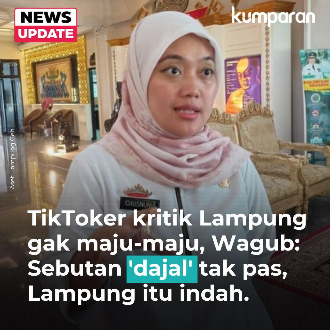 kumparan's tweet photo. Wagub Lampung, Chusnunia Chalim, merespons akun TikTok Awbimax Reborn yang mengkritik Lampung dengan video berjudul 'Alasan Lampung Gak Maju-Maju'. Dirinya keberatan dengan penyebutan kata 'dajal' dalam video tersebut. #newsupdate #update #news #oneliner https://t.co/1v6wjhj3OA https://t.co/RAN3fRJtmf