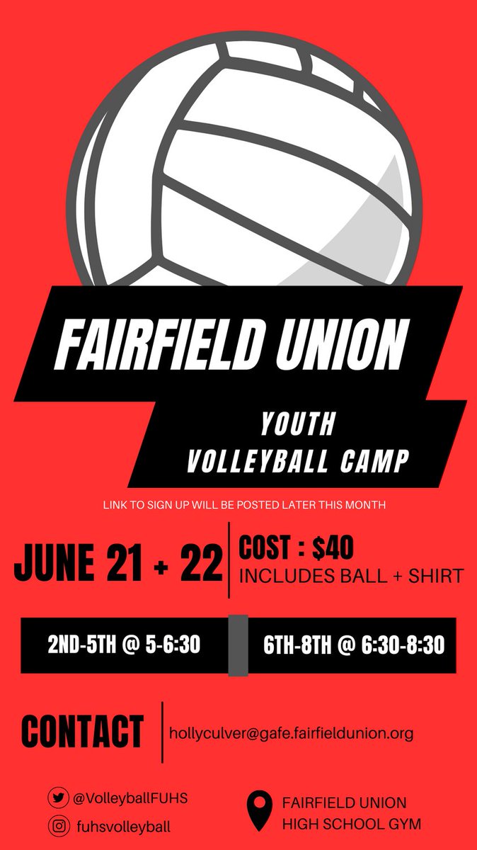 VolleyballFUHS's tweet photo. SAVE THE DATE AND SHARE: Fairfield Union Youth Volleyball Camp Information https://t.co/LKLiilAKdI
