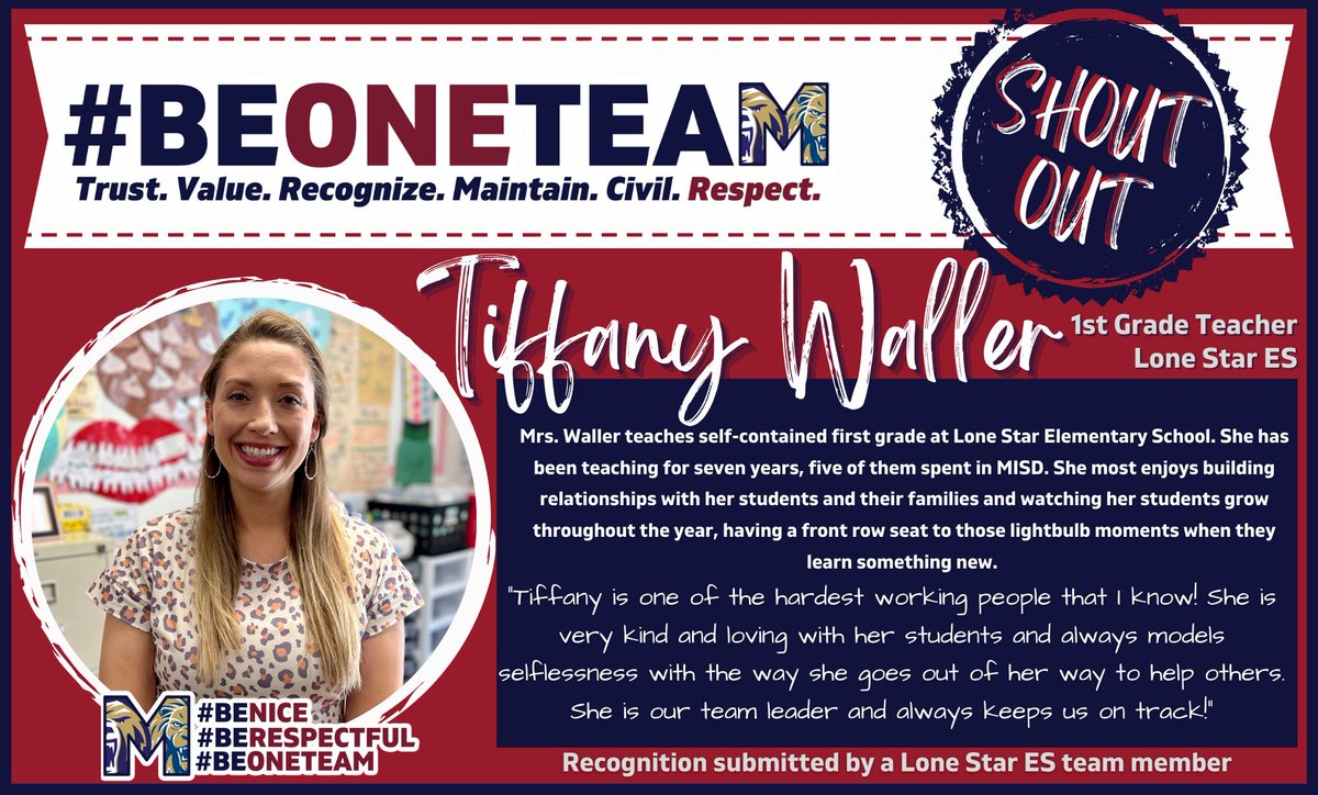 MontgomeryISD's tweet photo. MISD recognizes Tiffany Waller, 1st Gd Teacher at @lse_montgomery with a Shout Out. Tiffany is team leader, serving in her 5th year in MISD. She is a natural and kind leader and the relationships she builds with her students and their families is a top priority in her classroom. https://t.co/hOVO0KOjmB