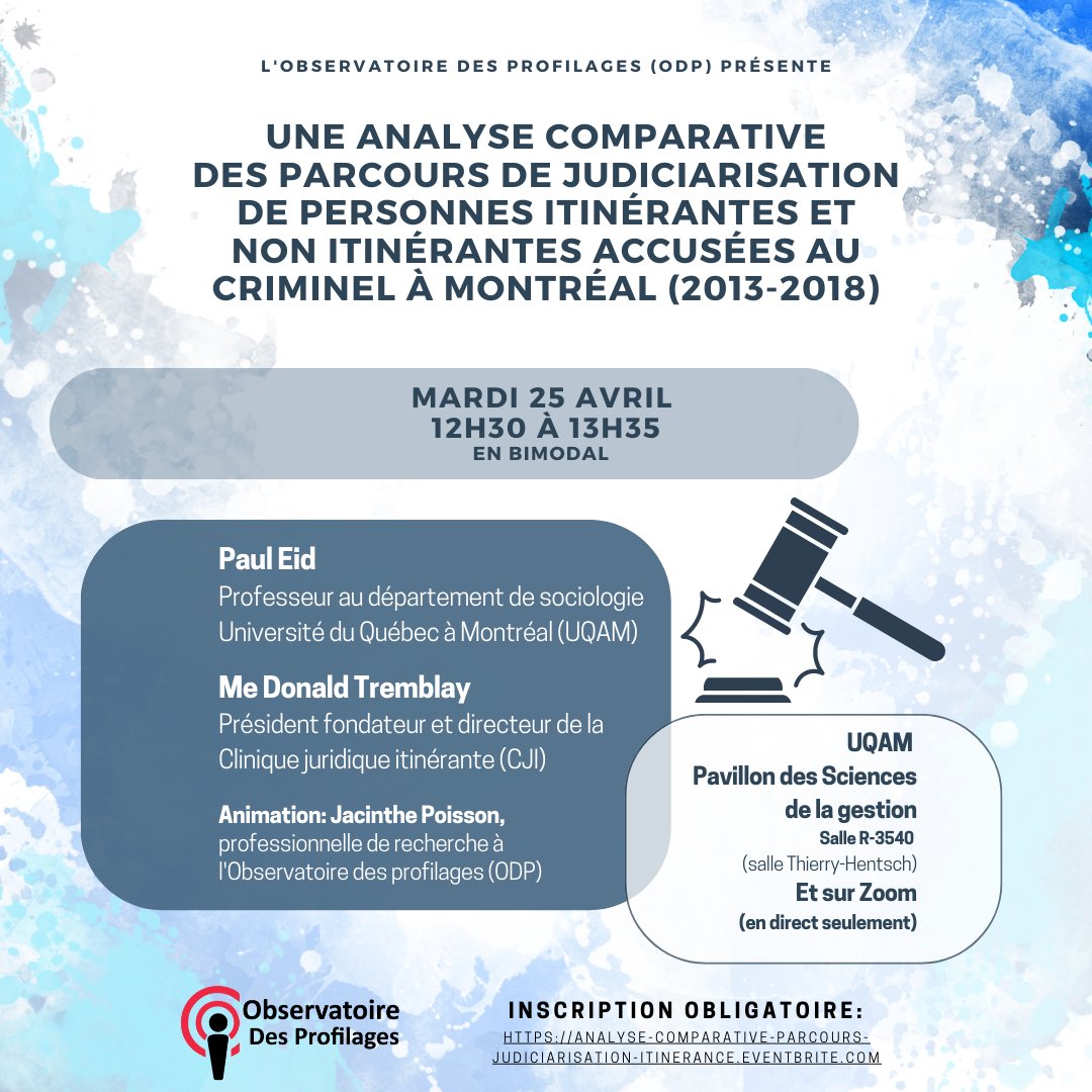 ODP_profilages's tweet image. 📣C'est demain! Conférence gratuite!
🗣Paul Eid, professeur en sociologie @UQAM
🗣Me Donald Tremblay, Président fondateur et directeur, Clinique juridique itinérante (CJI)
Animation: Jacinthe Poisson, @ODP
Inscription requise 👉…ciarisation-itinerance.eventbrite.com
#itinérance #Profilage