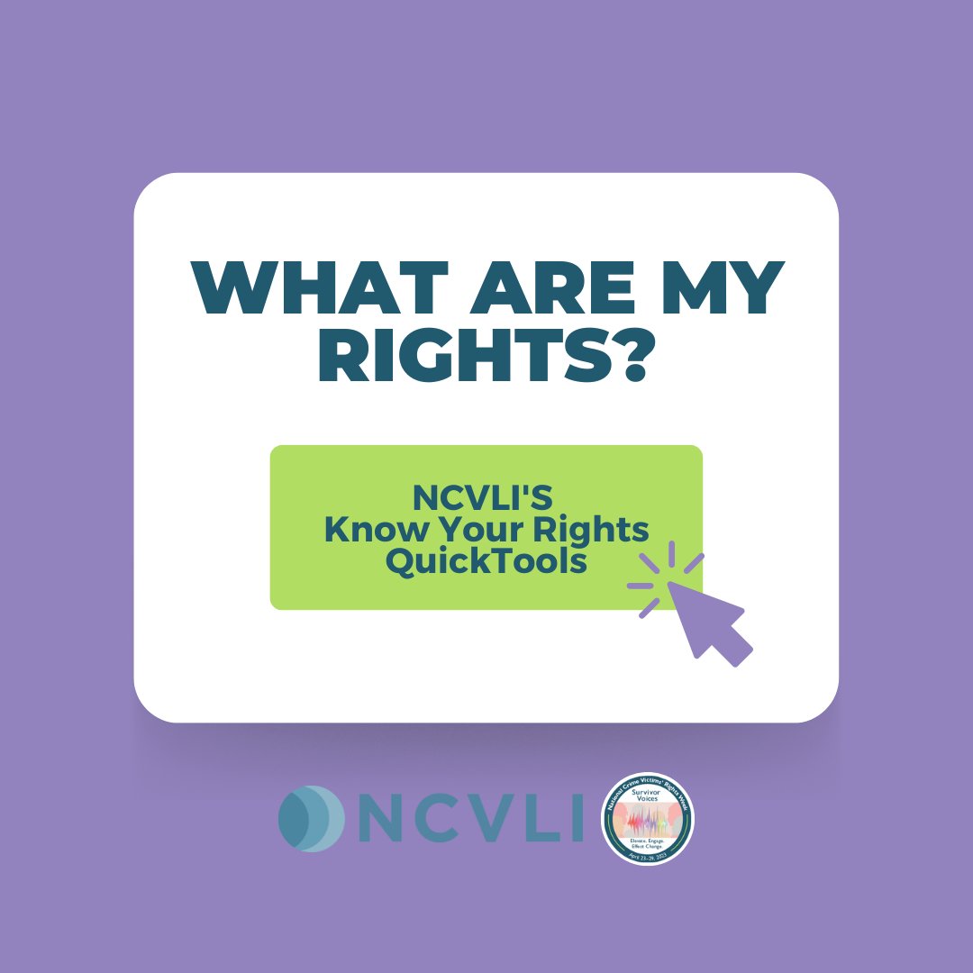NCVLI's tweet image. Know your rights! NCVLI’s Know Your Rights QuickTool videos provide an easily digestible overview of victims’ rights &amp;amp; help victims understand &amp;amp; protect those rights. QuickTools cover general topics &amp;amp; specific rights victims may not otherwise be aware of: ncvli.org/know-your-righ…