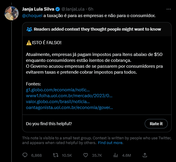 saintliberte's tweet photo. tweet da Janja tomou flag por fake news, trabalha Elon Musk 👏 https://t.co/gWBSo0Dews