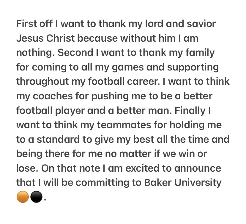 WyattRueter67's tweet photo. Blessed to announce my commitment to baker university. @BakerU_Football @Northmen_FB @CoachWhited @Northmen_OPHS https://t.co/Yns92weSd4
