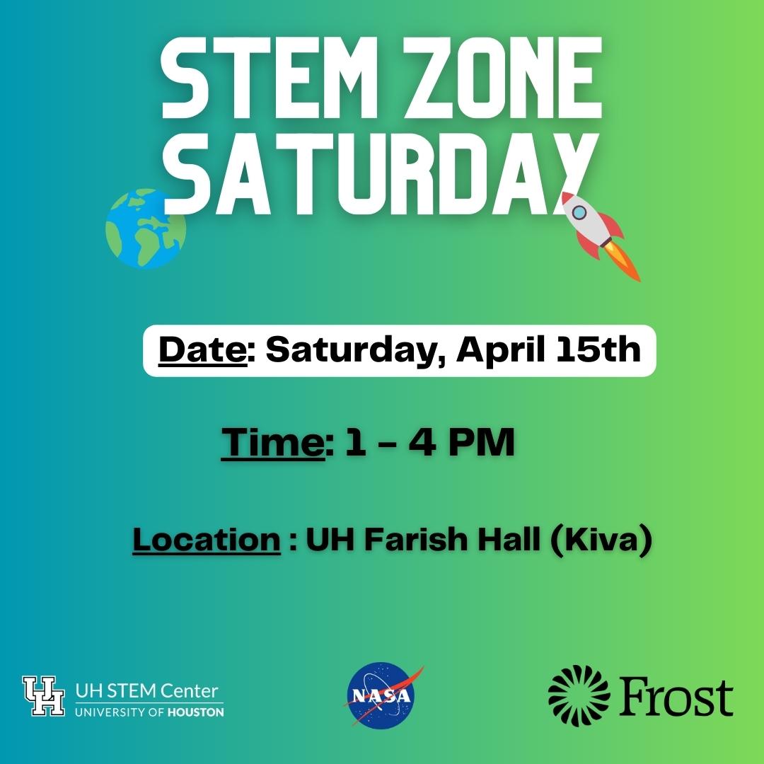 UniversityStem's tweet photo. Join us for our last STEM Zone Saturday event of the school year! Register here: https://t.co/UT8D9DsxIQ

Our Presenters will be:
FROST BANK - Erika D. Jones
UH STEM FIELD DAY - UH STEM Outreach Squad
NASA - Keelan A. Hamilton https://t.co/bTrl3kUYRy