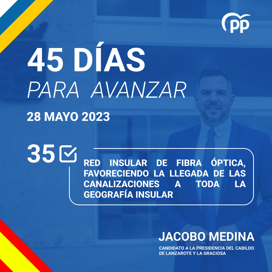🔵 Propuesta número 35 🔵🔵

Crear una red insular de fibra óptica, favoreciendo la llegada de las canalizaciones a toda la geografía insular ✅

#JacoboMedina2023