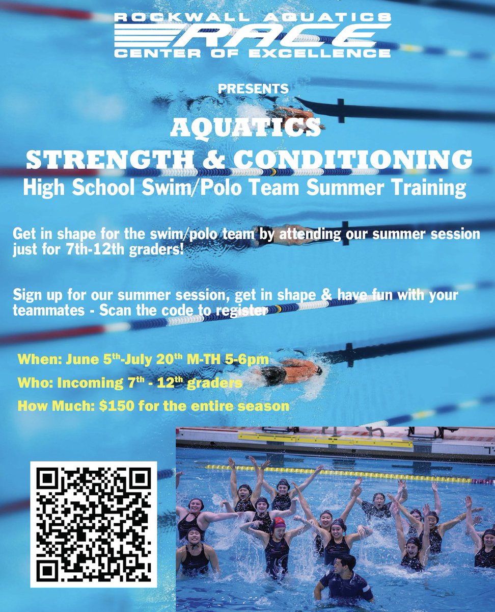 RACESwimTeam's tweet photo. Do you have an athlete interested in getting in shape for next high school swim and water polo seasons? Join our RACE sponsored Aquatic Strength and Conditioning class this summer! @RISDAthletics https://t.co/IRKLY6zm25